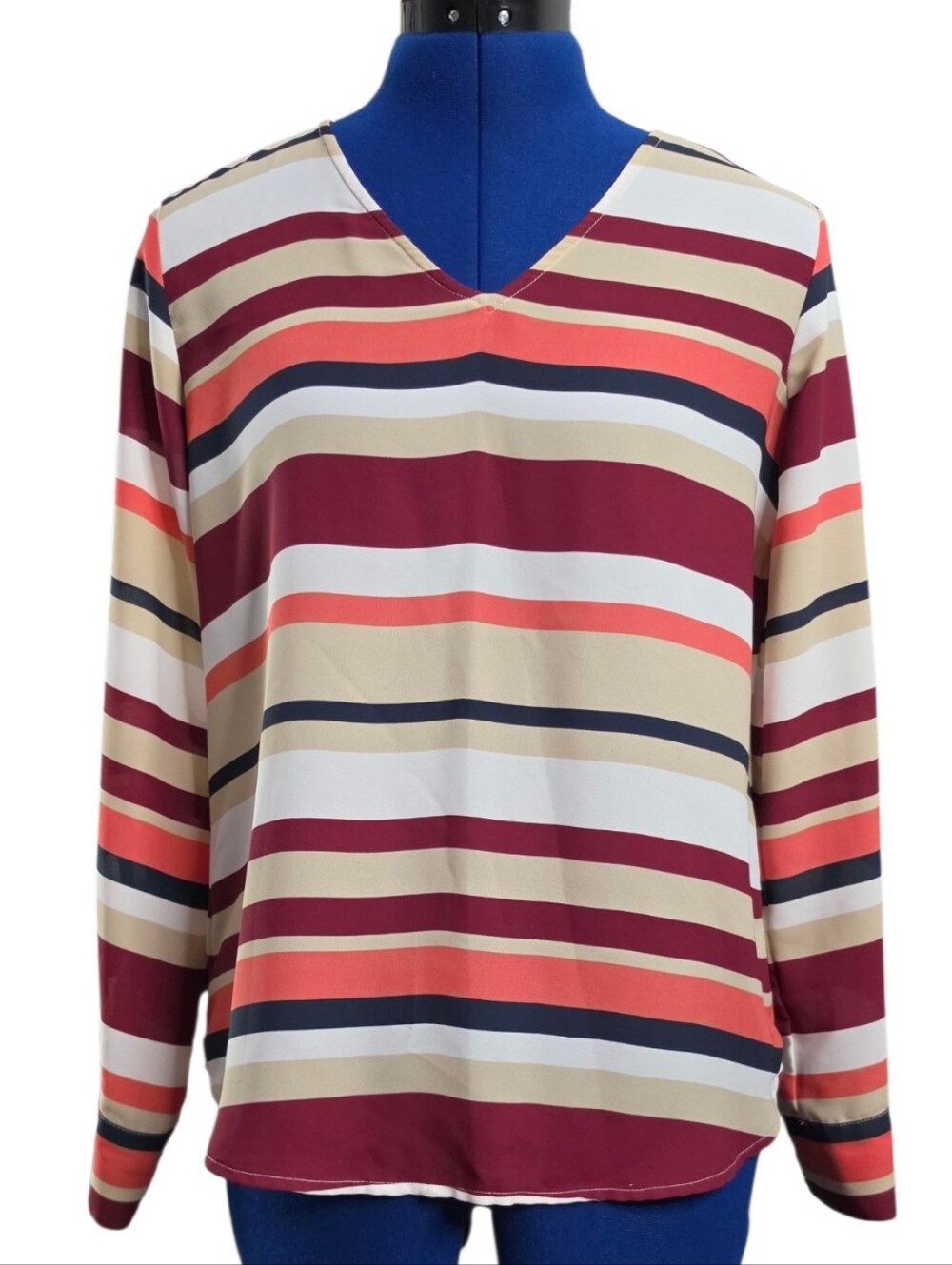 Ann Taylor Petite Striped V-Neck Long Sleeve Blouse